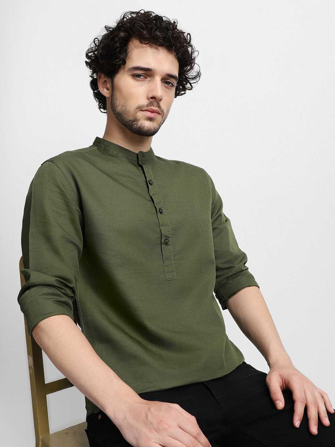 

Dennis Lingo Mandarin Collar Slim Fit Cotton Linen Casual Shirt, Olive