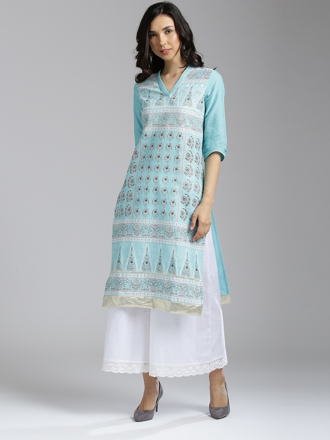 

W Women Blue & Black Printed Straight Kurta