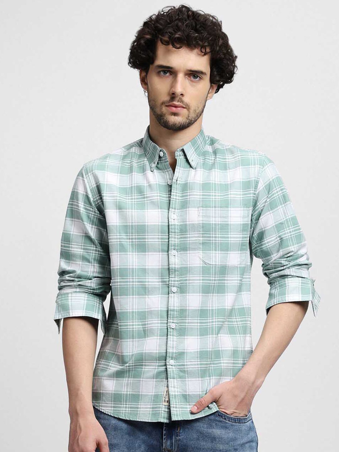 

Dennis Lingo Checked Pure Cotton Casual Shirt, Green