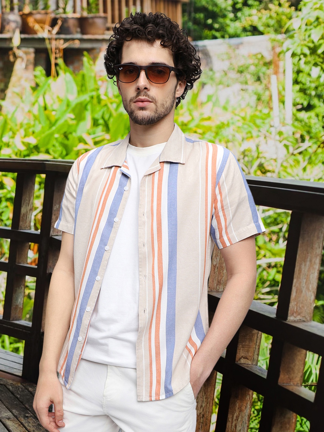 

Dennis Lingo Slim Fit Striped Cuban Collar Pure Cotton Casual Shirt, Beige