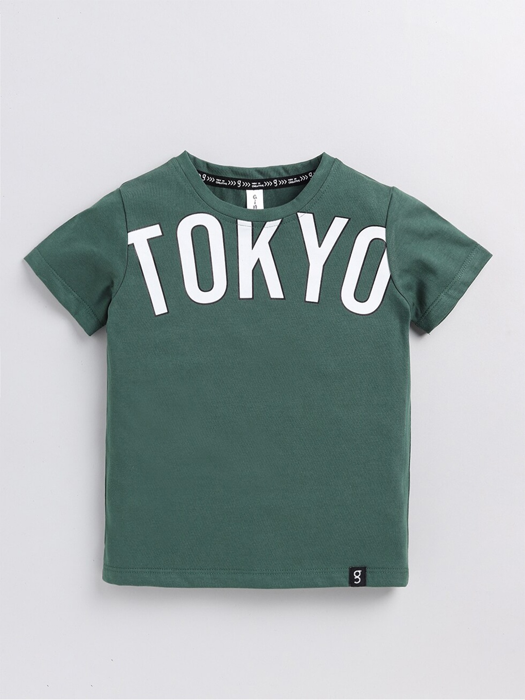

Ginie Boys Typography Printed Cotton T-shirt, Green