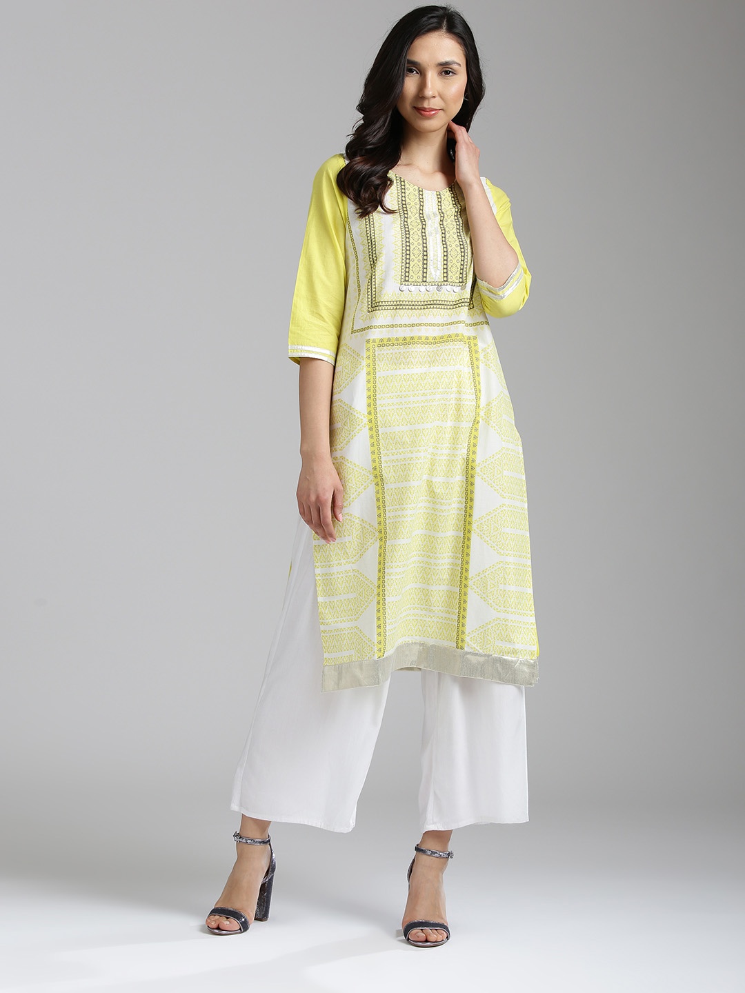 

W Women Yellow & White Printed Straight Kurta