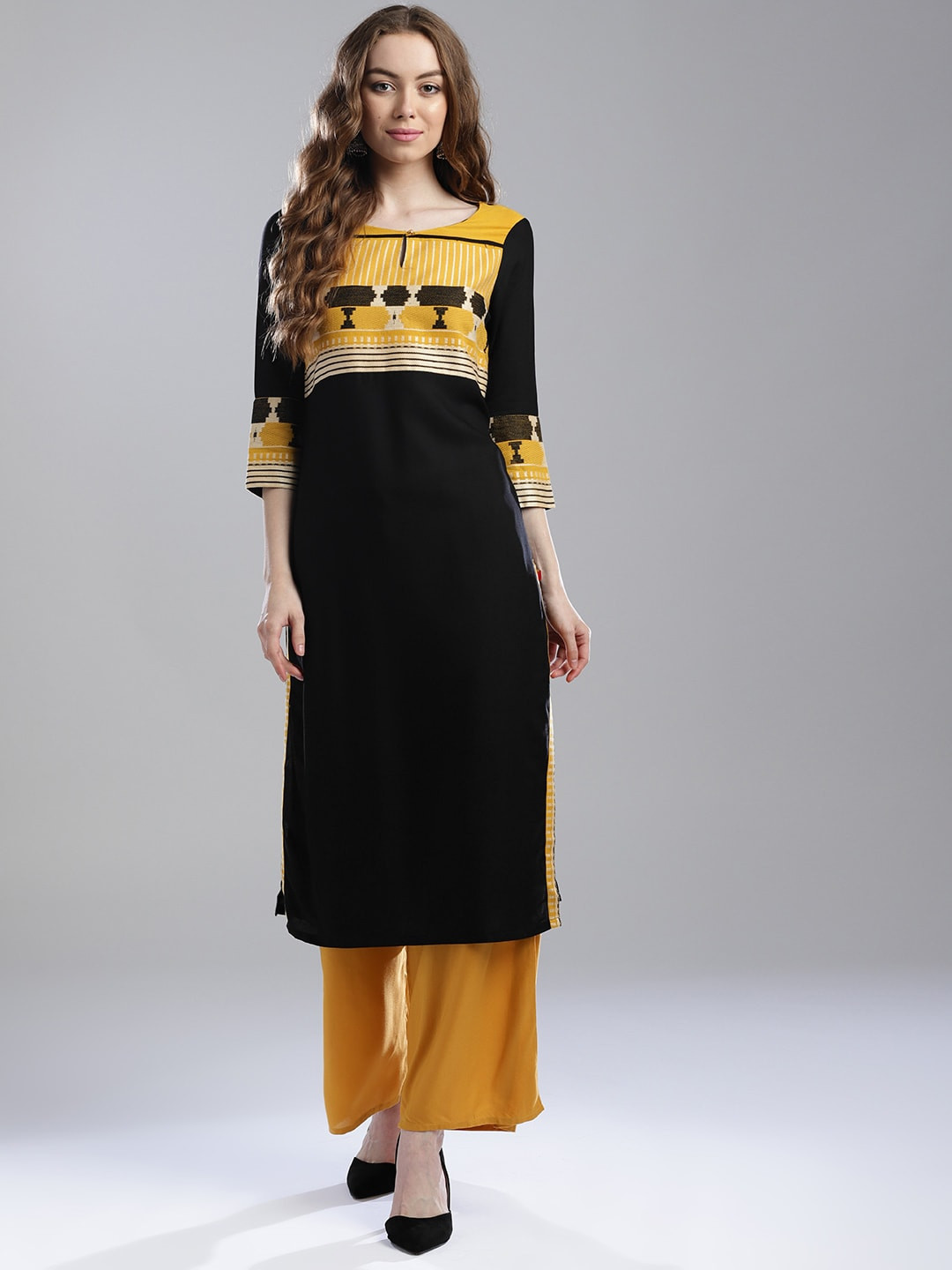 

W Women Black & Mustard Yellow Yoke Design Straight Sustainable Kurta