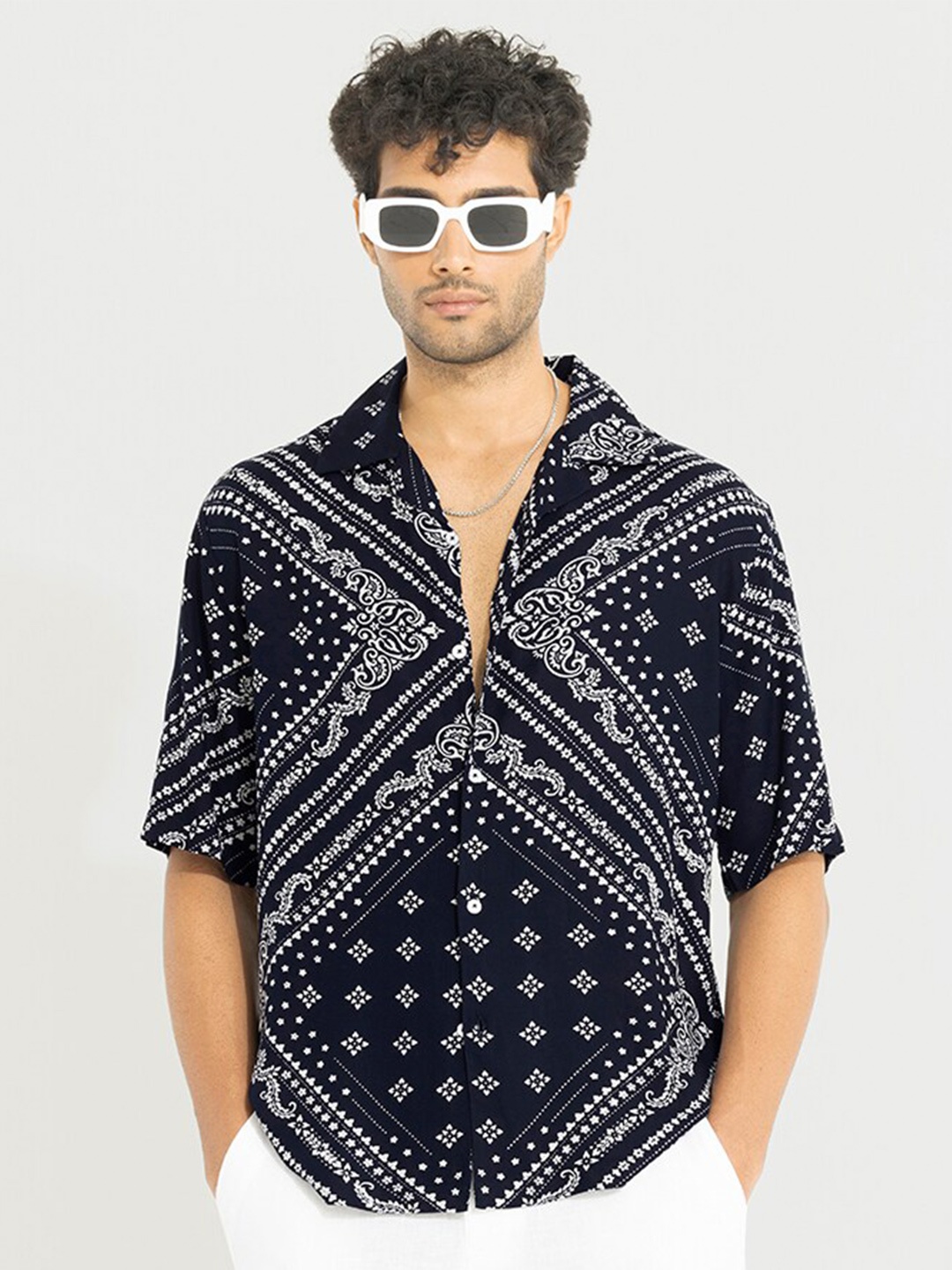 

Snitch Navy Blue Classic Oversized Ethnic Motifs Printed Casual Shirt