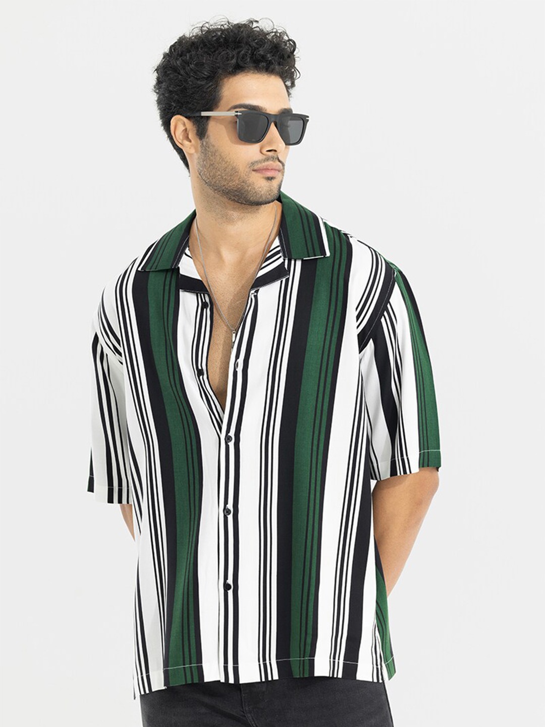 

Snitch Green Classic Multi Stripes Oversized Casual Shirt