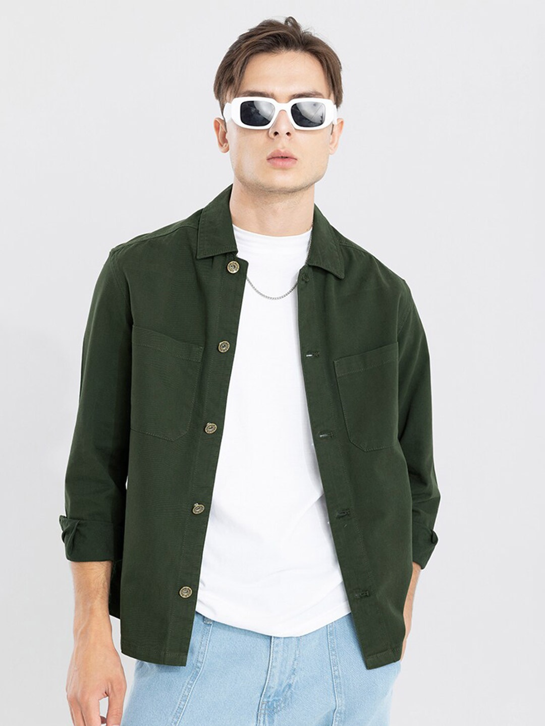 

Snitch Green Classic Spread Collar Cotton Casual Shirt