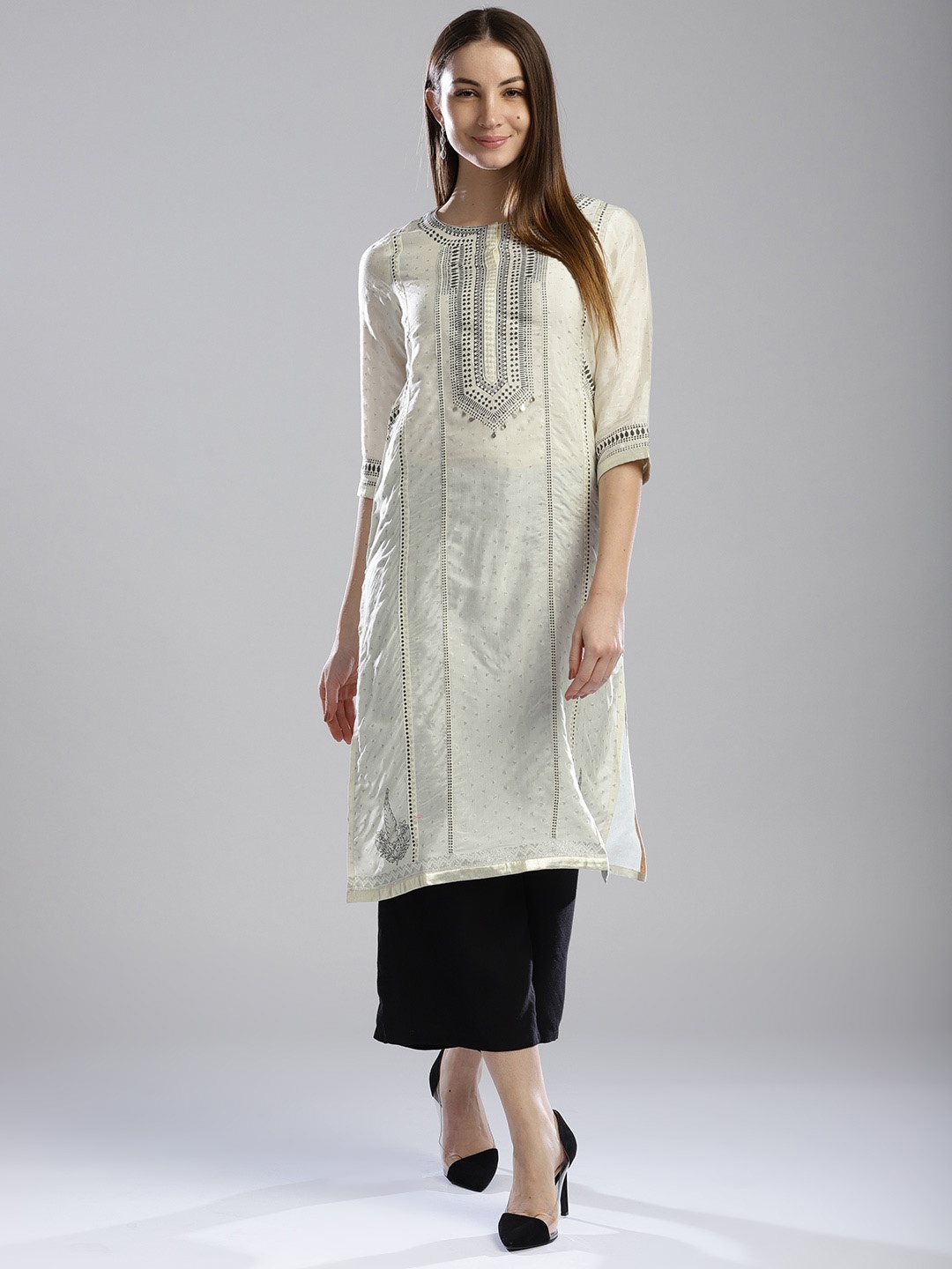 

W Women Off-White & Grey Printed Straight Kurta