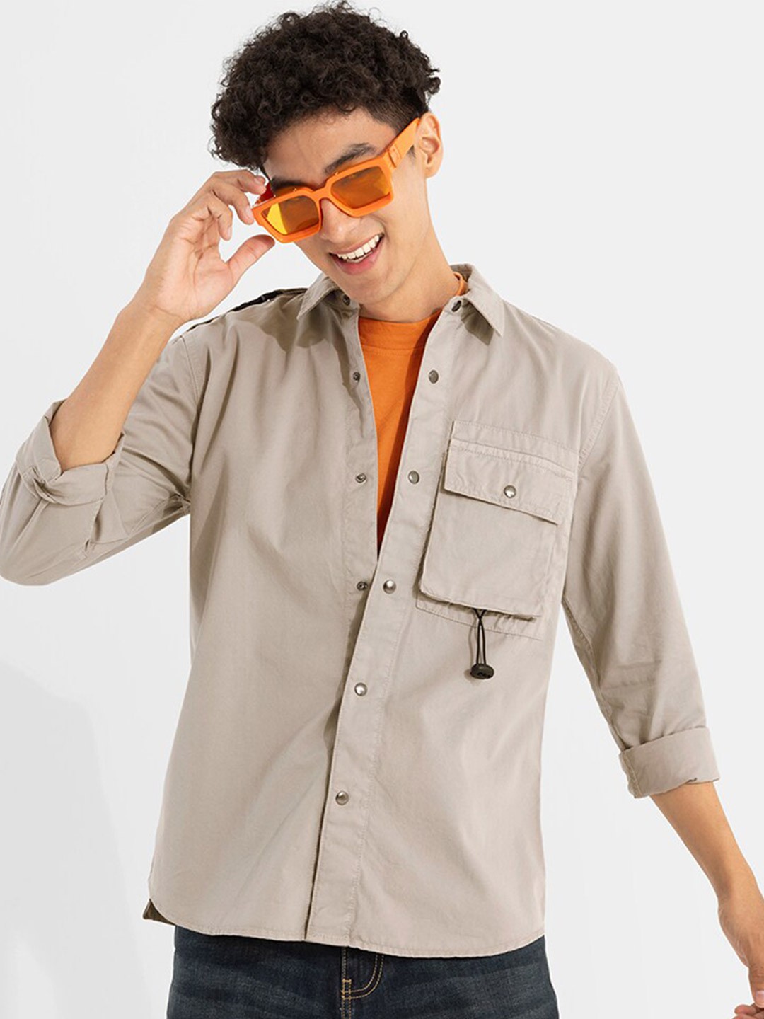 

Snitch Beige Classic Spread Collar Cotton Casual Shirt