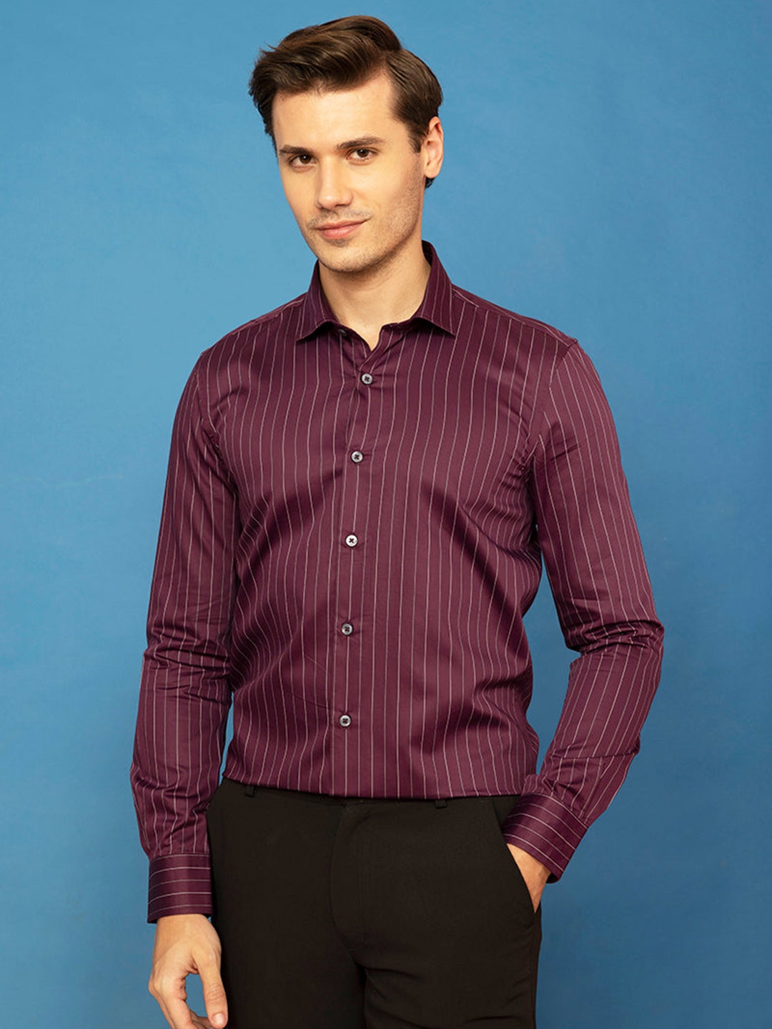 

Snitch Men Maroon Classic Slim Fit Opaque Striped Cotton Casual Shirt