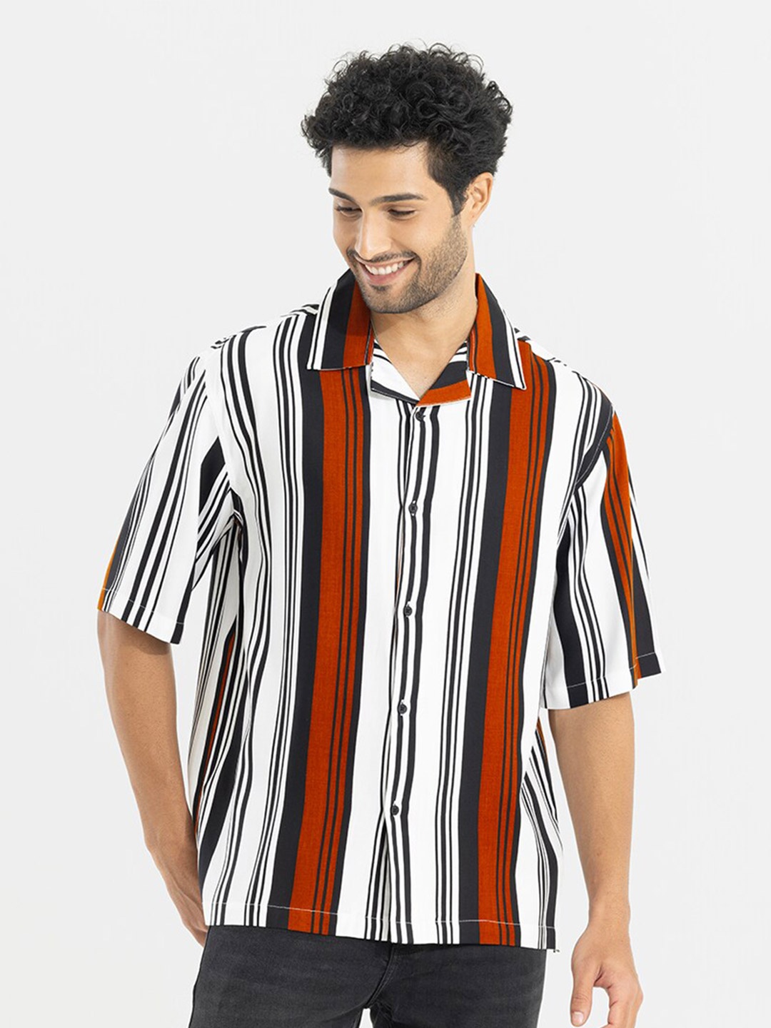 

Snitch Orange-Coloured & White Classic Multi Striped Oversized Casual Shirt