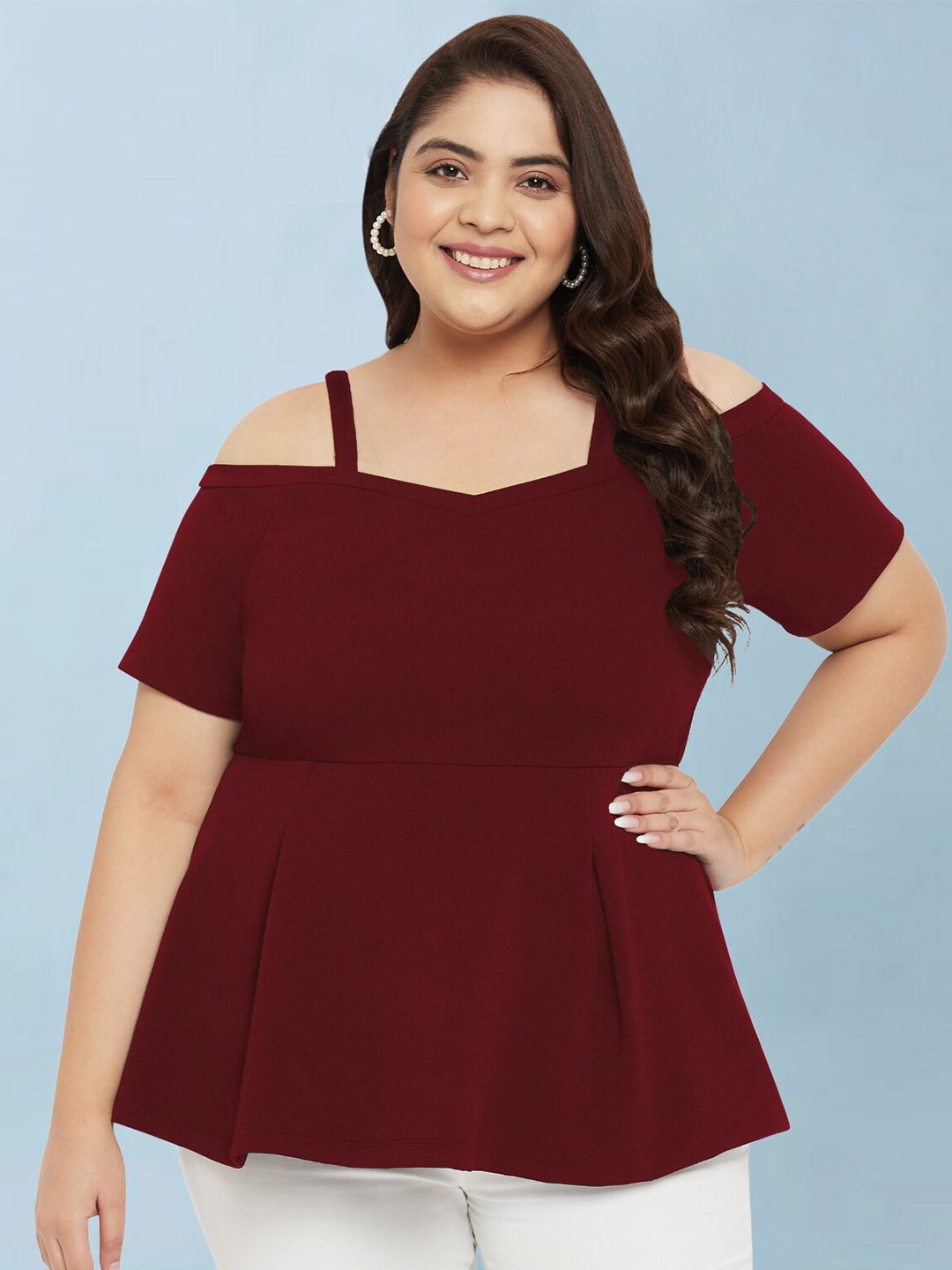 

wild U Cold-Shoulder Straps Cold-Shoulder Sleeves Plus Size Scuba Peplum Top, Maroon