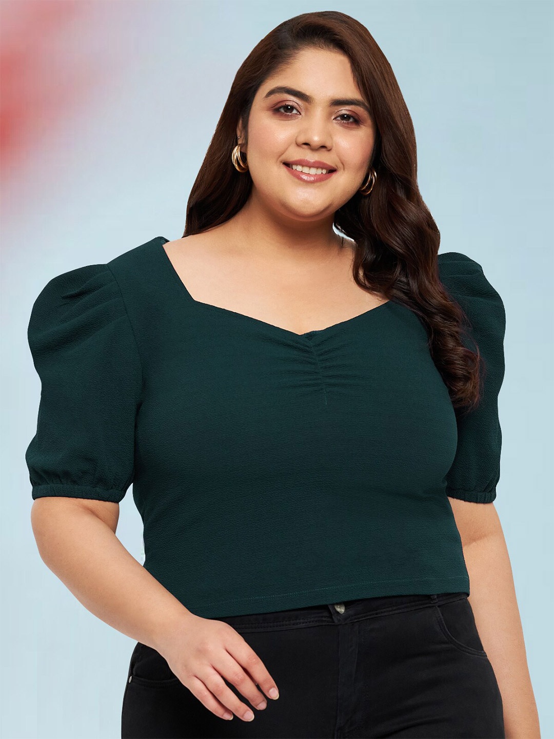 

wild U Plus Size Sweetheart Neck Puff Sleeves Regular Top, Green