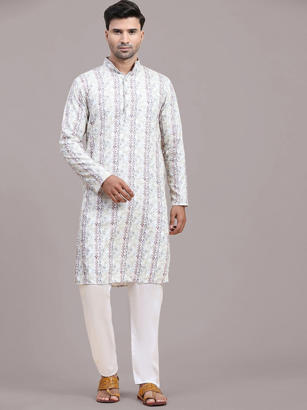 

Fabcartz Ethnic Motifs Printed Sequined Straight Kurta with Pyjamas, White