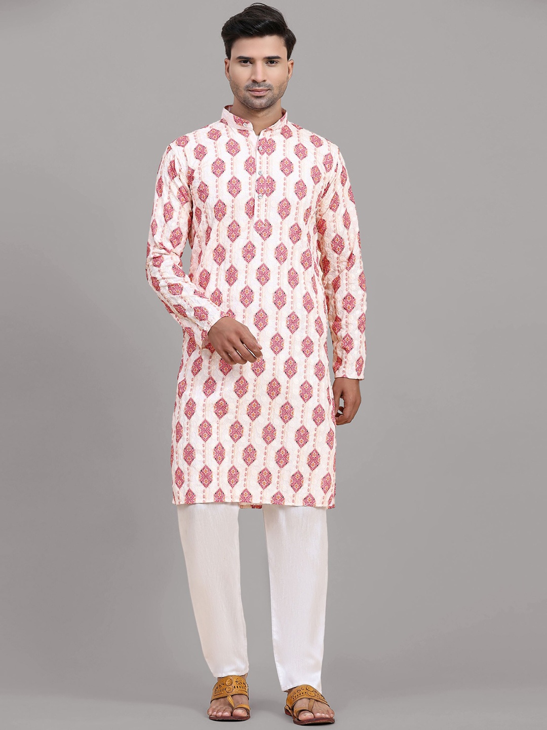 

Fabcartz Ethnic Motifs Printed Thread Work Straight Kurta with Pyjamas, White