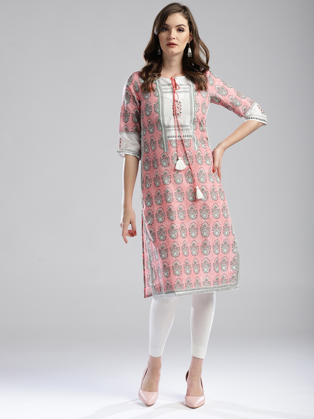 

W Women Pink & Green Printed Straight Kurta