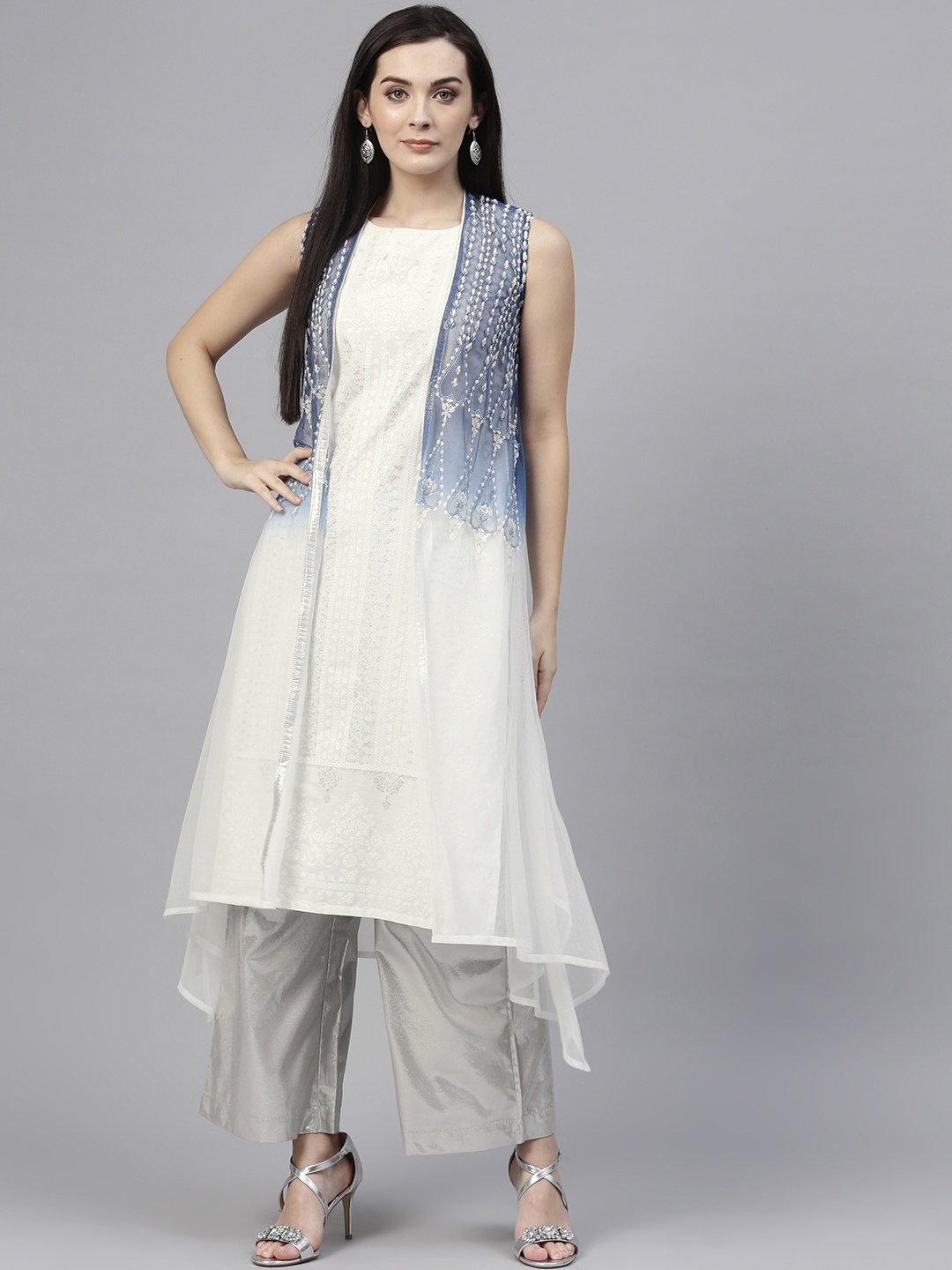 

W Women White & Blue Printed Layered Asymmetric Kurta