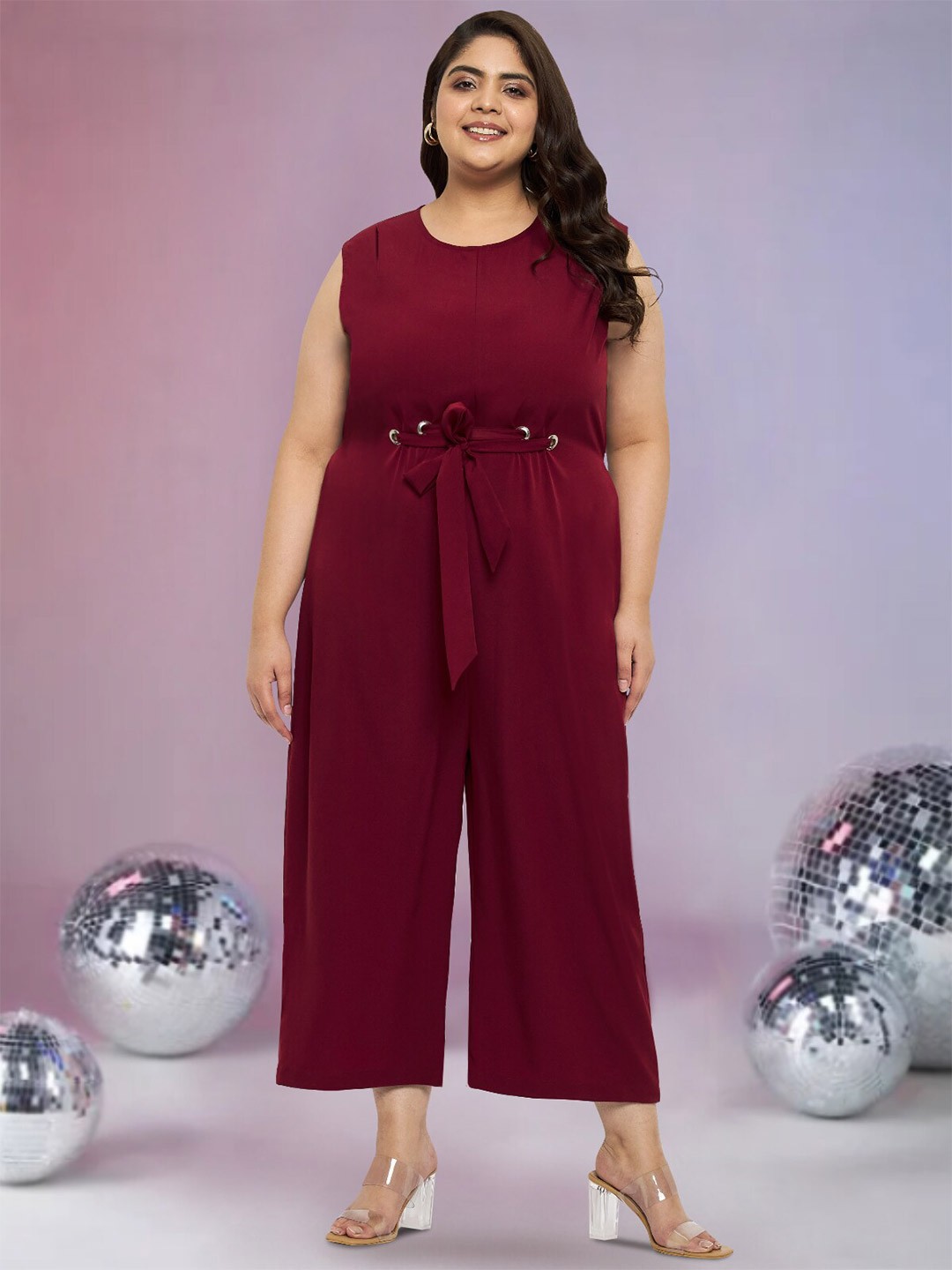 

wild U Maroon Plus Size Sleeveless Waist Tie-Ups Basic Jumpsuit