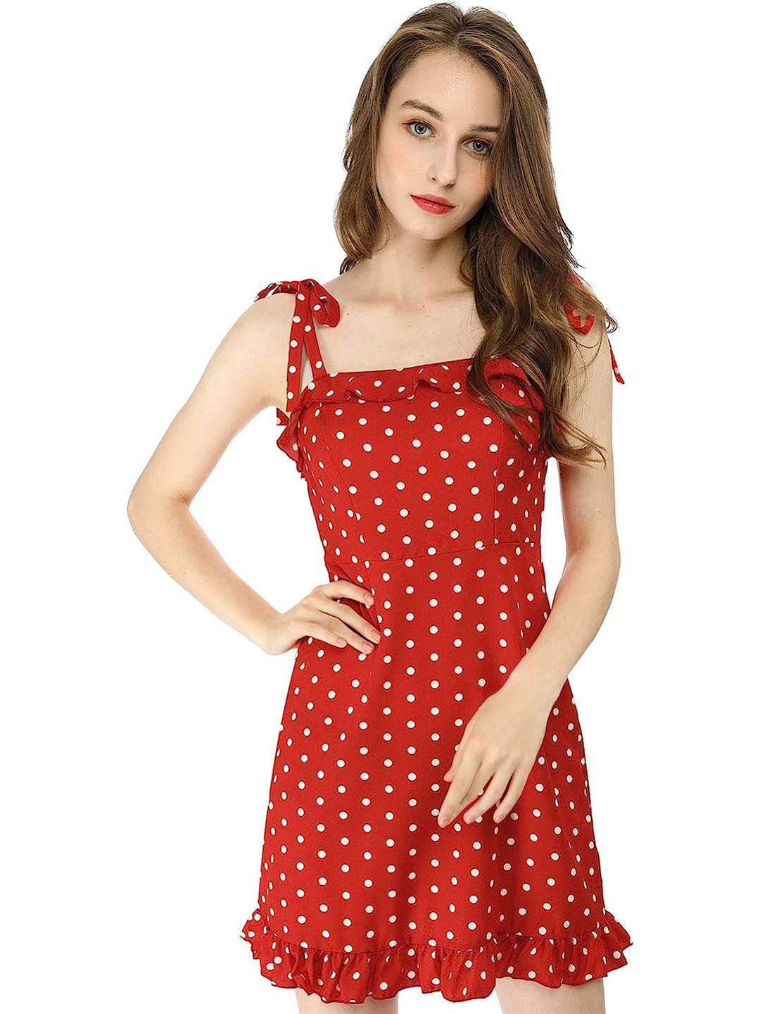 

Samsara Couture Polka Dots Printed Shoulder Straps Ruffled A-Line Dress, Red