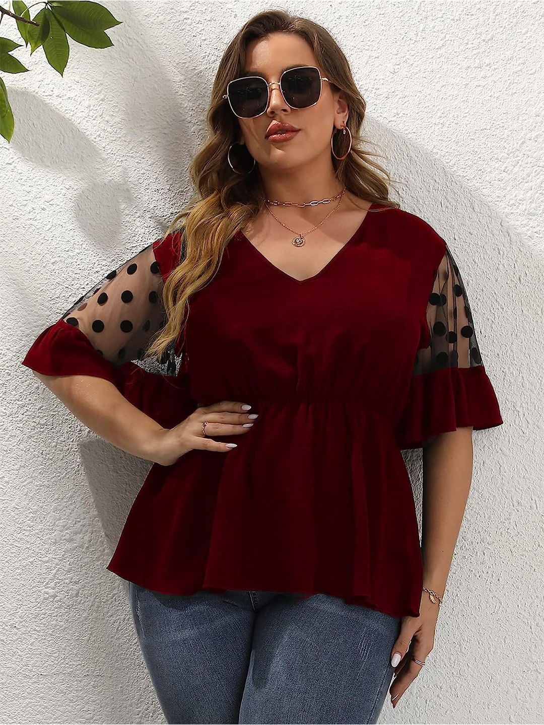 

Samsara Couture Flared Sleeve Crepe Cinched Waist Top, Maroon