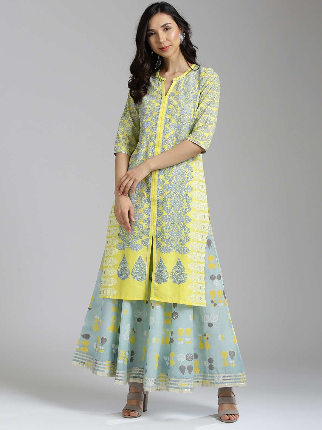 

W Women Lime Green & Blue Printed Straight Kurta