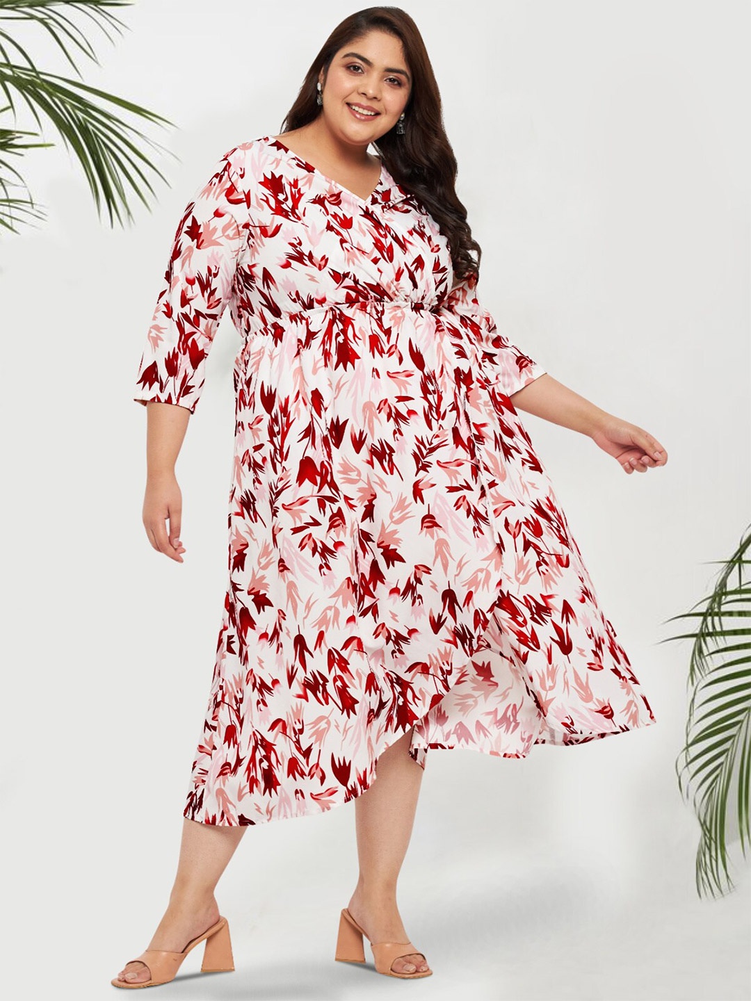 

wild U Plus Size Floral Printed Gathered Wrap Dress, Red