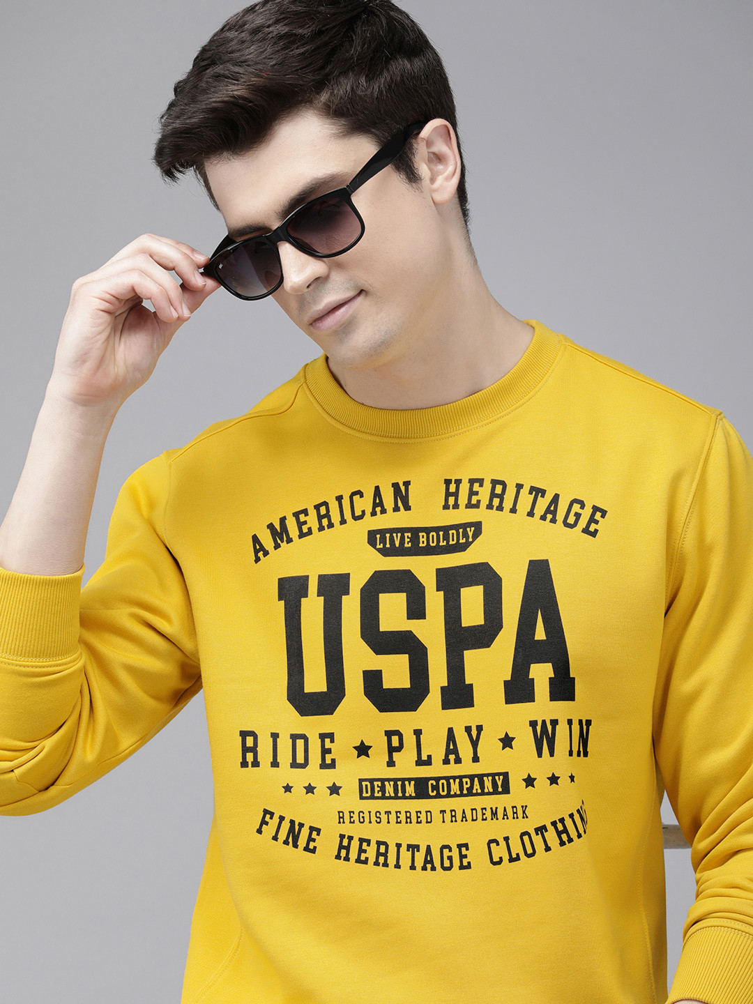

U.S. Polo Assn. Denim Co. Brand Logo Printed Pullover Casual Sweatshirt, Mustard
