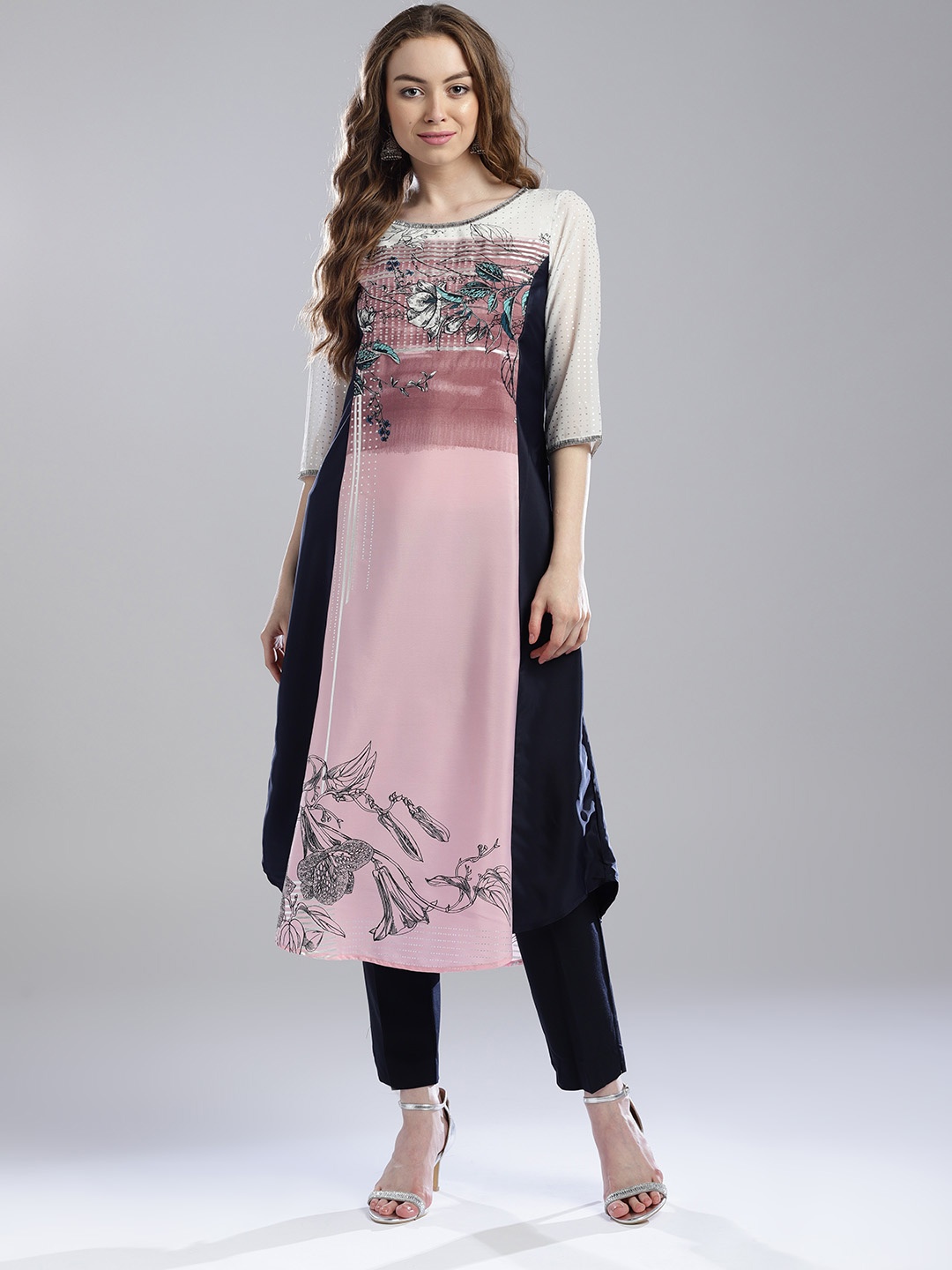 

WISHFUL by W Women Pink & Navy Blue Floral Print A-Line Kurta