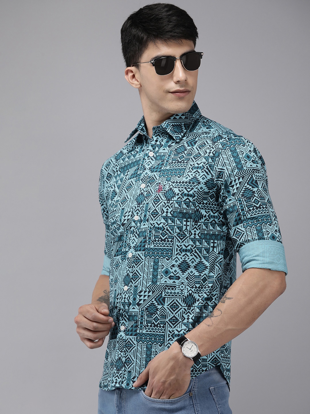 

U.S. Polo Assn. Tailored Fit Geometric Printed Pure Cotton Casual Shirt, Teal