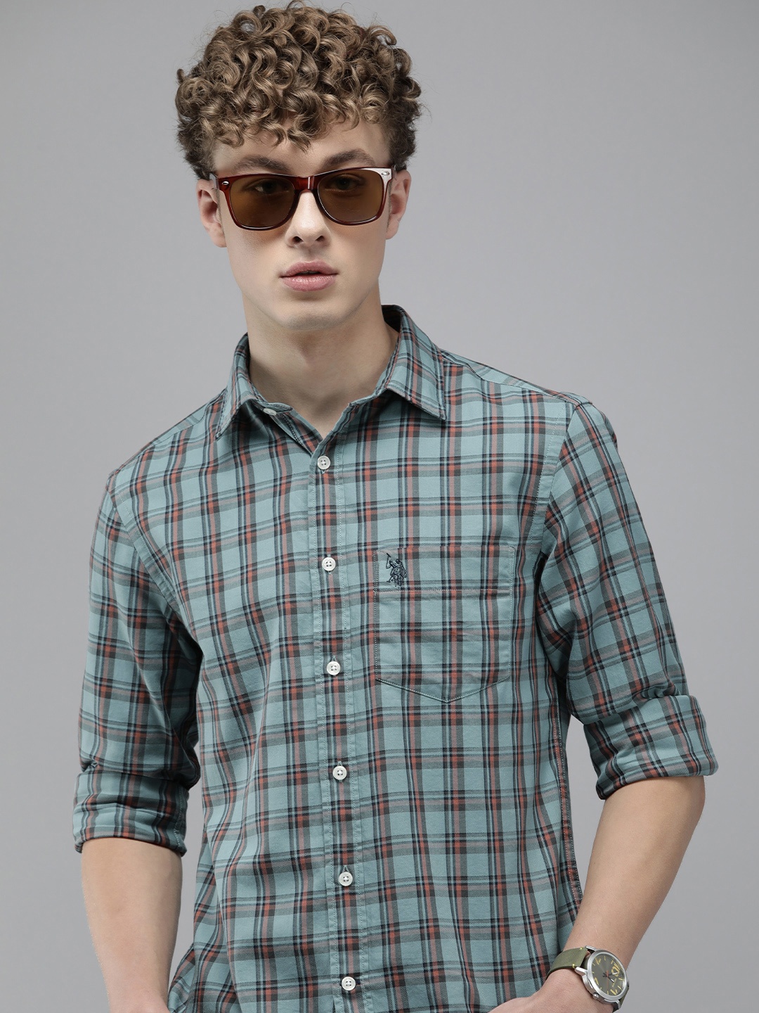 

U.S. Polo Assn. Tailored Fit Tartan Checks Pure Cotton Casual Shirt, Teal