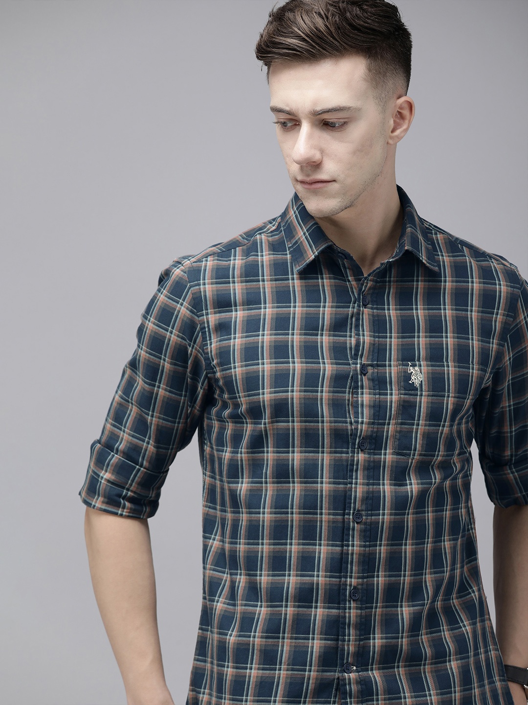 

U.S. Polo Assn. Pure Cotton Tailored Fit Checked Casual Shirt, Navy blue