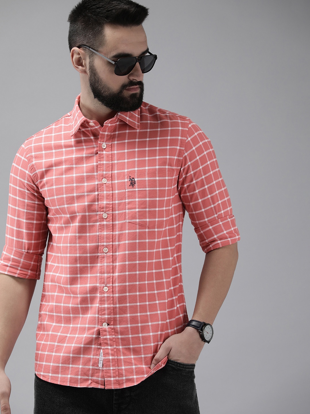 

U.S. Polo Assn. Tailored Fit Checked Pure Cotton Casual Shirt, Peach