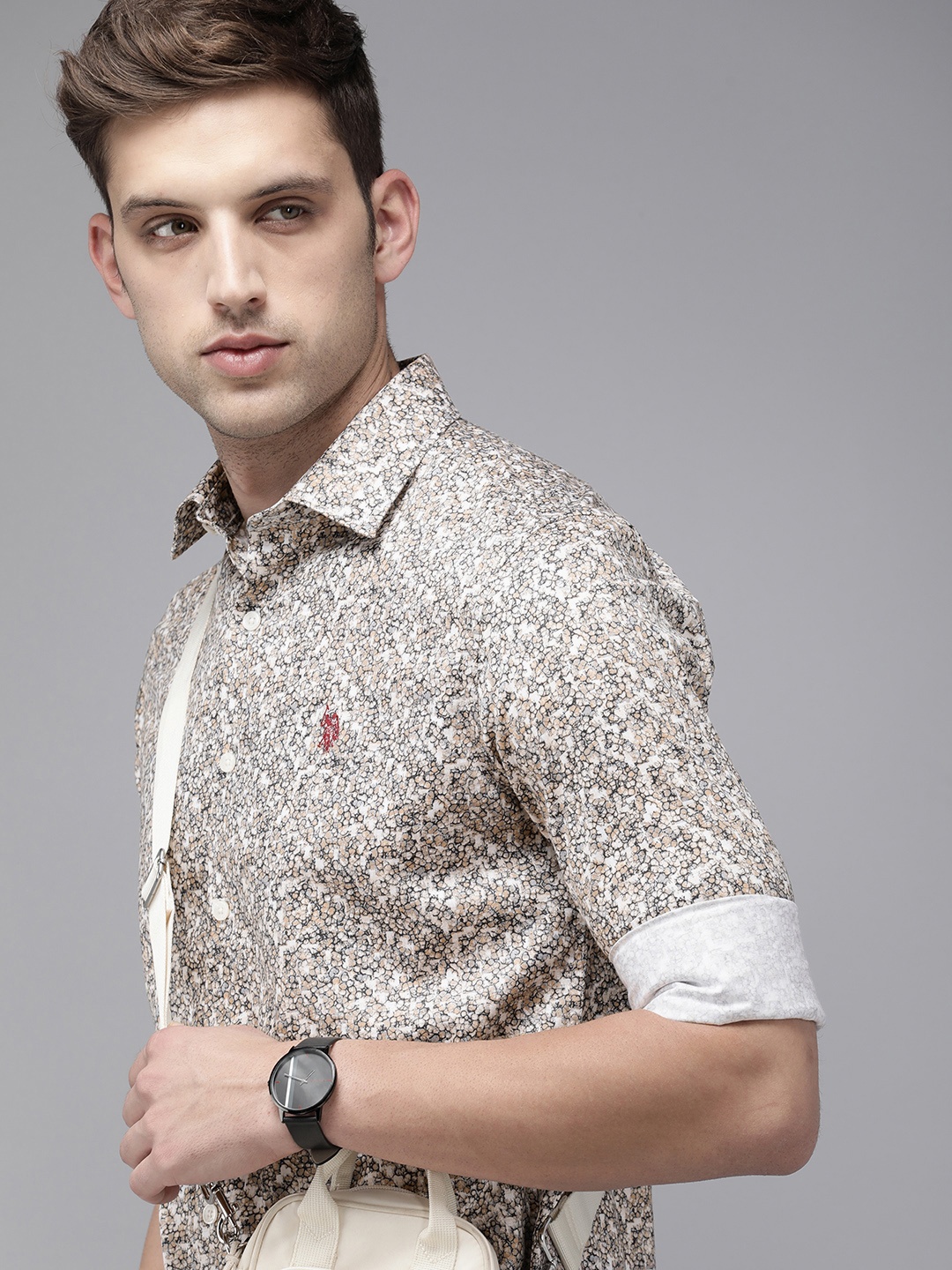 

U.S. Polo Assn. Pure Cotton Tailored Fit Abstract Printed Casual Shirt, Beige