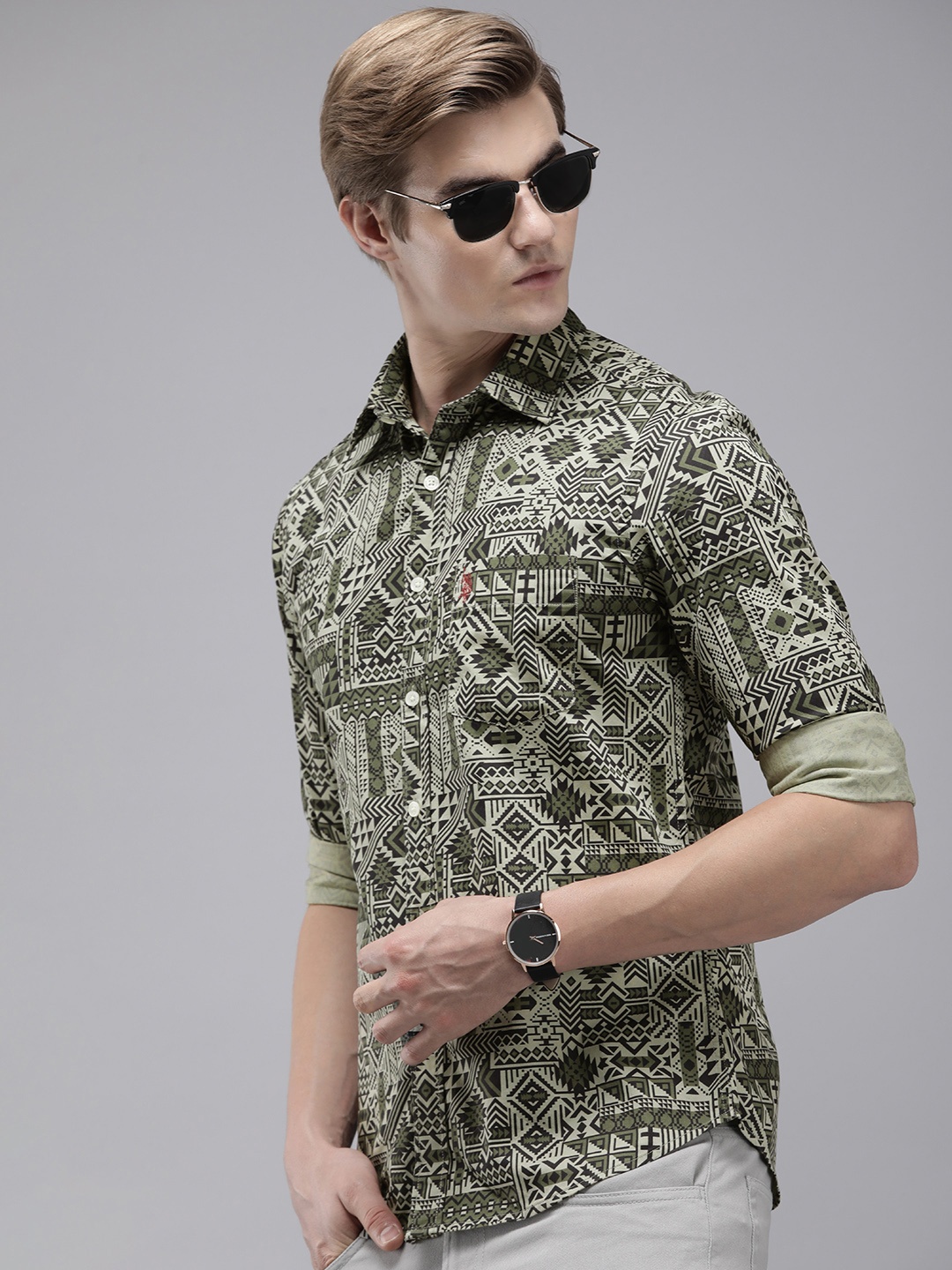 

U.S. Polo Assn. Tailored Fit Geometric Printed Pure Cotton Casual Shirt, Olive