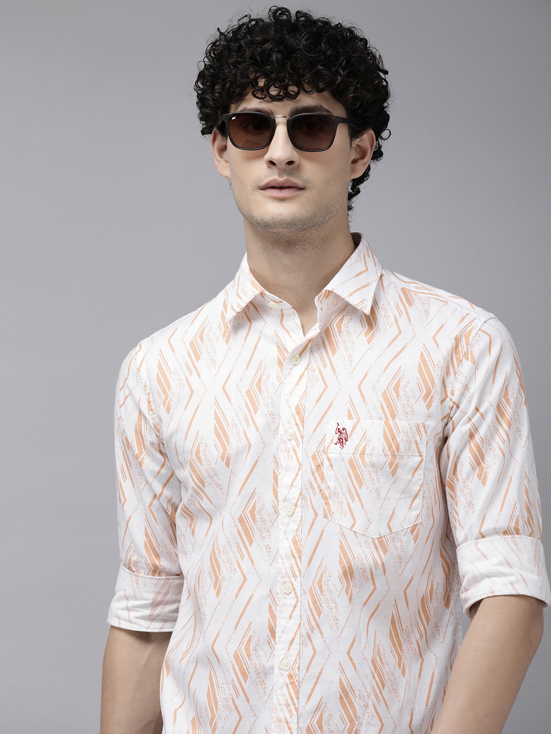 

U.S. Polo Assn. Tailored Fit Geometric Printed Pure Cotton Casual Shirt, Peach