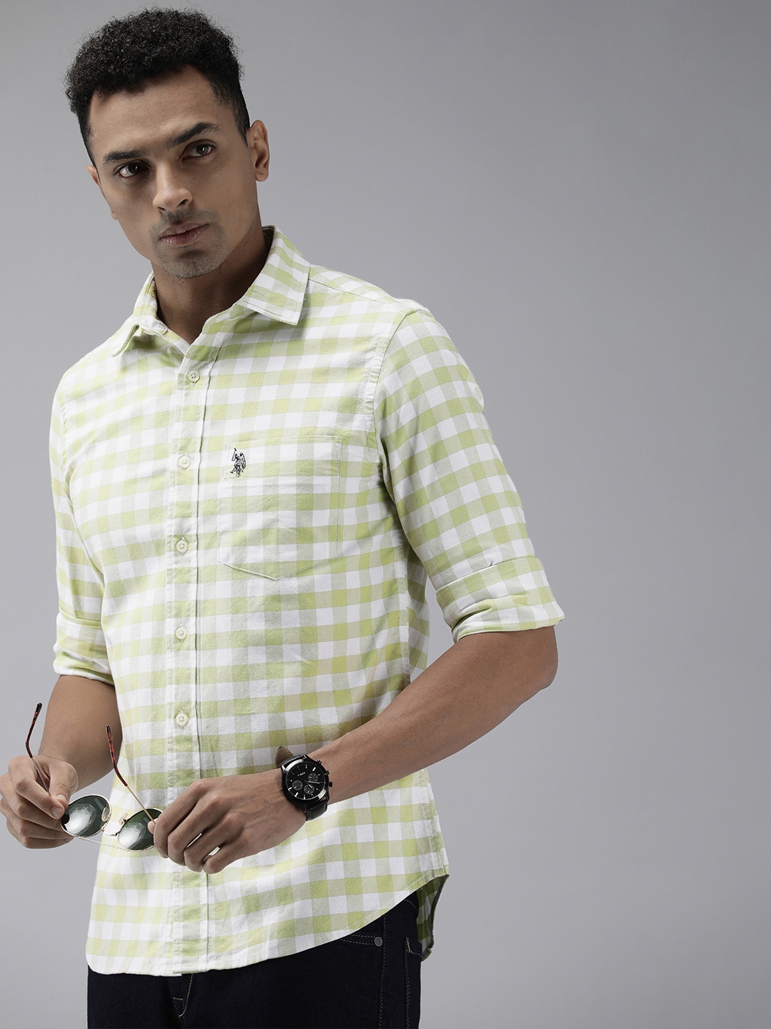 

U.S. Polo Assn. Tailored Fit Gingham Checks Pure Cotton Casual Shirt, Green