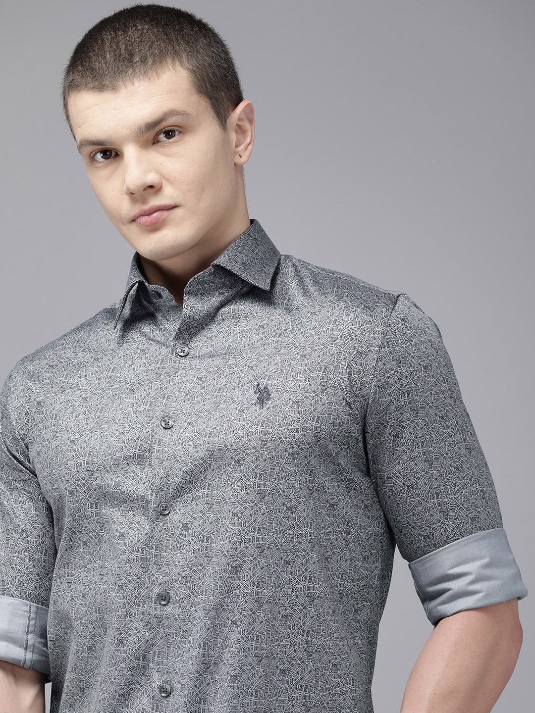 

U.S. Polo Assn. Pure Cotton Tailored Fit Geometric Printed Casual Shirt, Grey