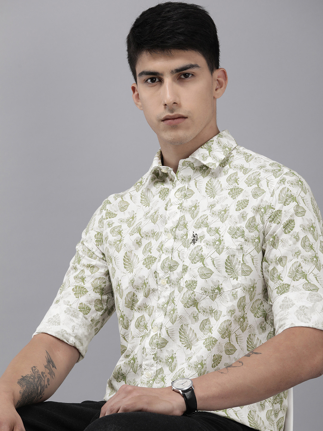 

U.S. Polo Assn. Tailored Fit Tropical Printed Pure Cotton Casual Shirt, Olive