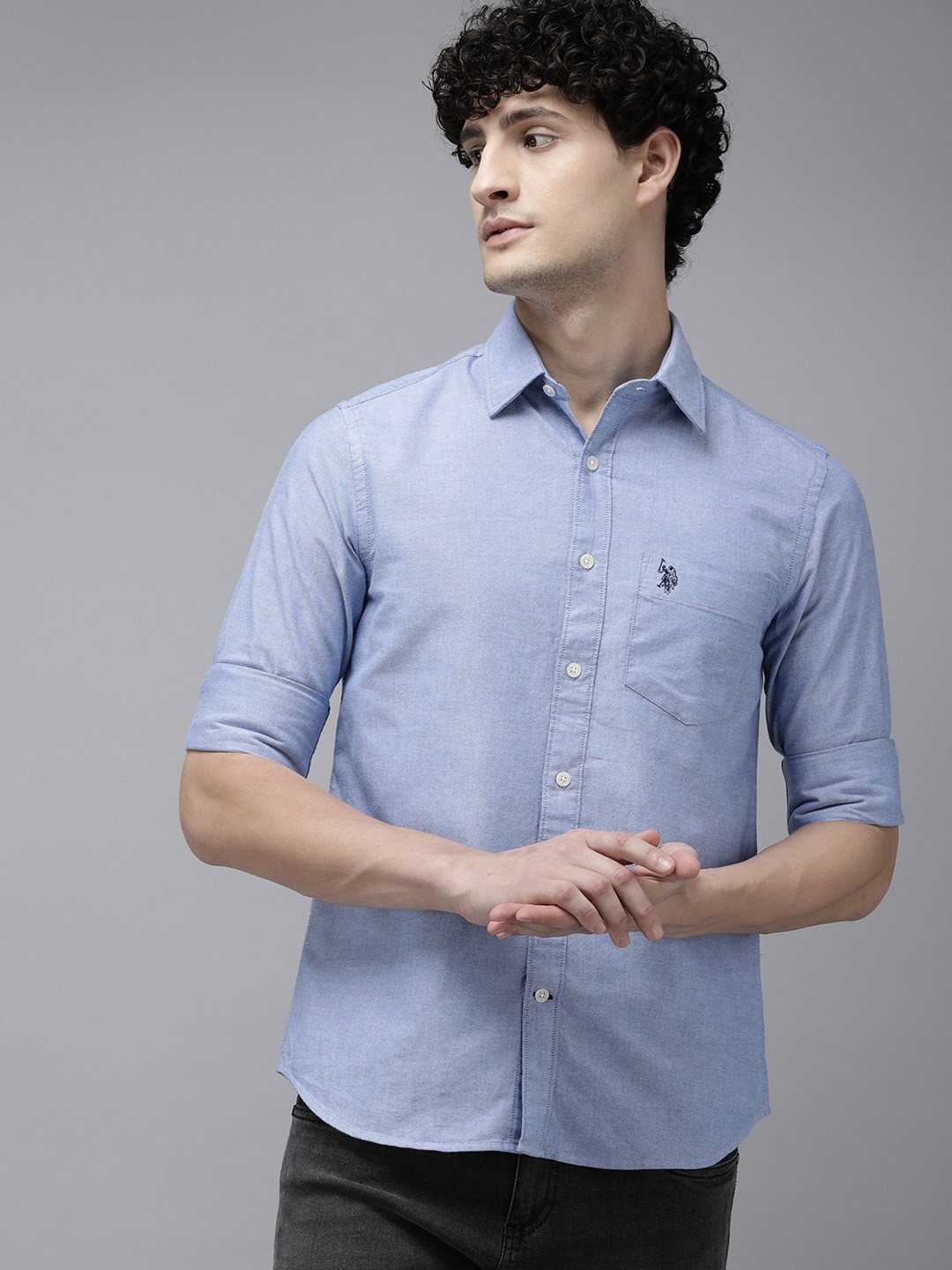

U.S. Polo Assn. Self Design Tailored Fit Pure Cotton Casual Shirt, Blue