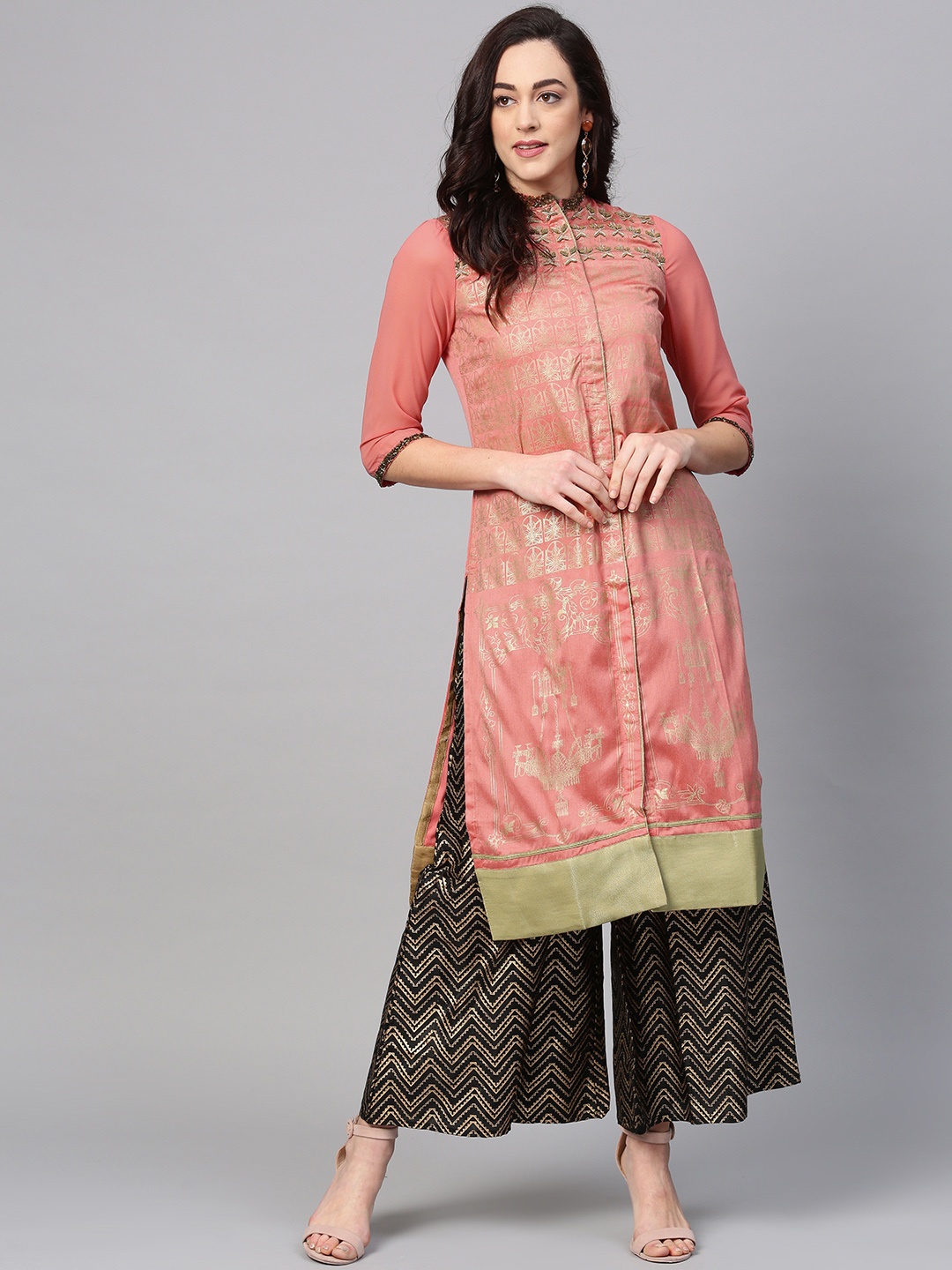 

WISHFUL by W Women Peach-Coloured & Golden Printed Straight Kurta