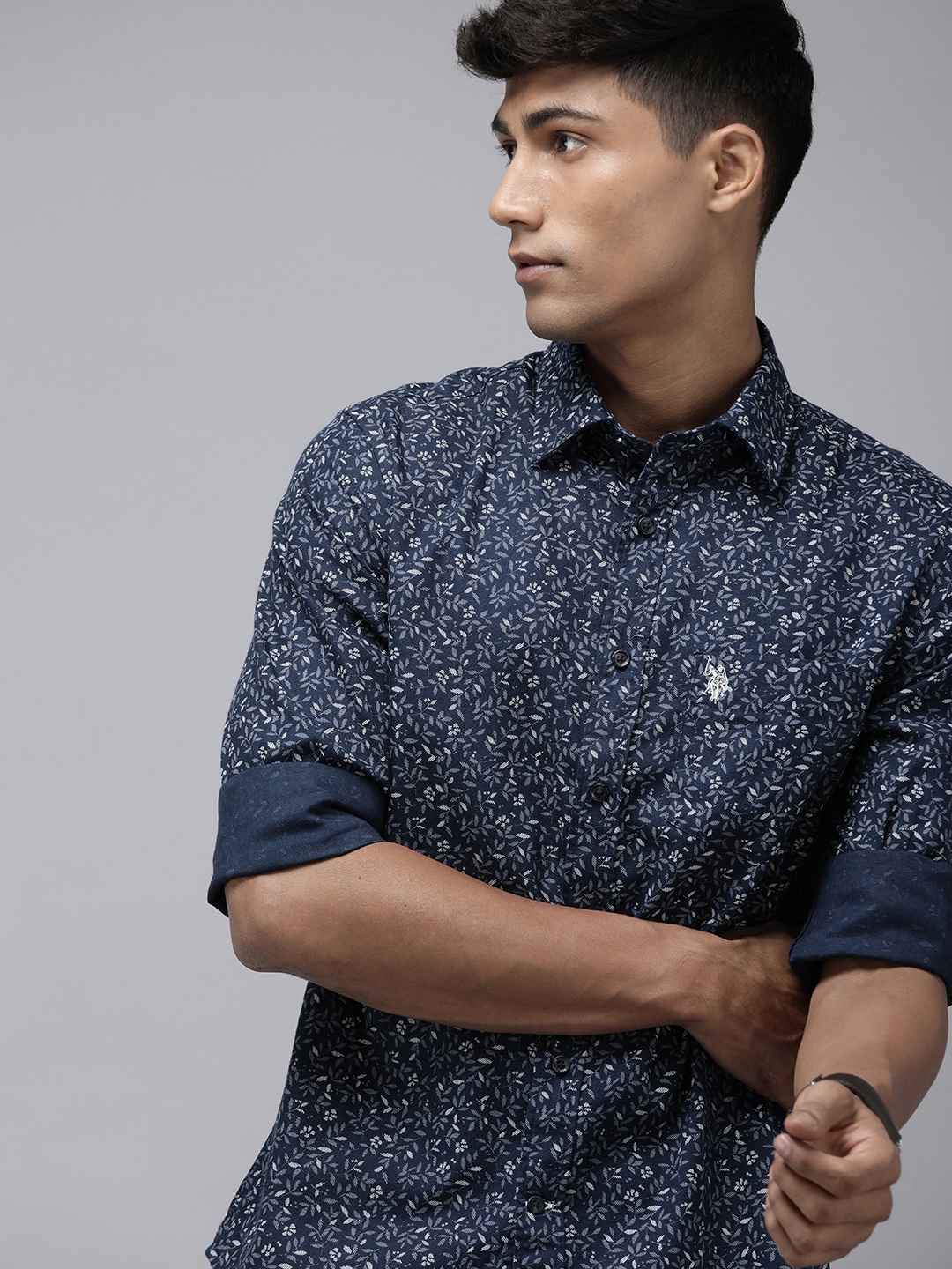 

U.S. Polo Assn. Tailored Fit Floral Printed Pure Cotton Casual Shirt, Navy blue