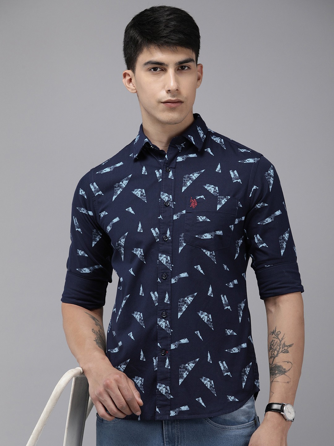

U.S. Polo Assn. Tailored Fit Geometric Printed Pure Cotton Casual Shirt, Navy blue