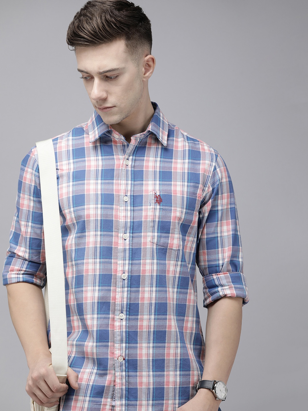 

U.S. Polo Assn. Tailored Fit Pure Cotton Checked Casual Shirt, Blue
