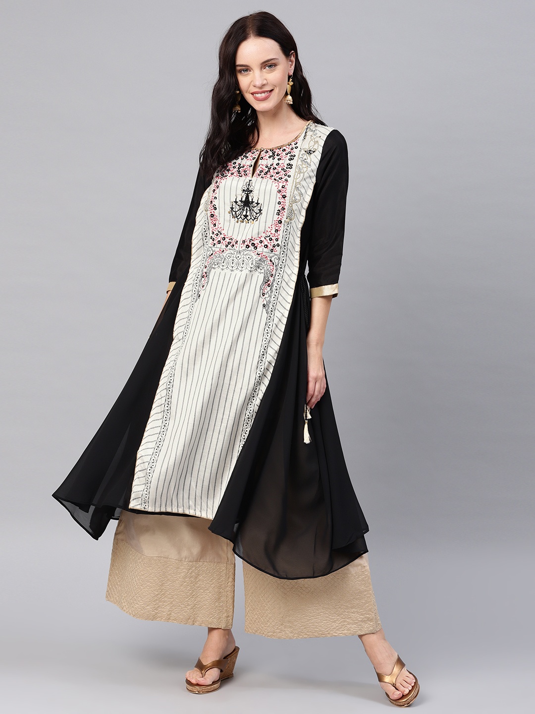 

WISHFUL by W Women Off-White & Black Striped Layered A-Line Kurta