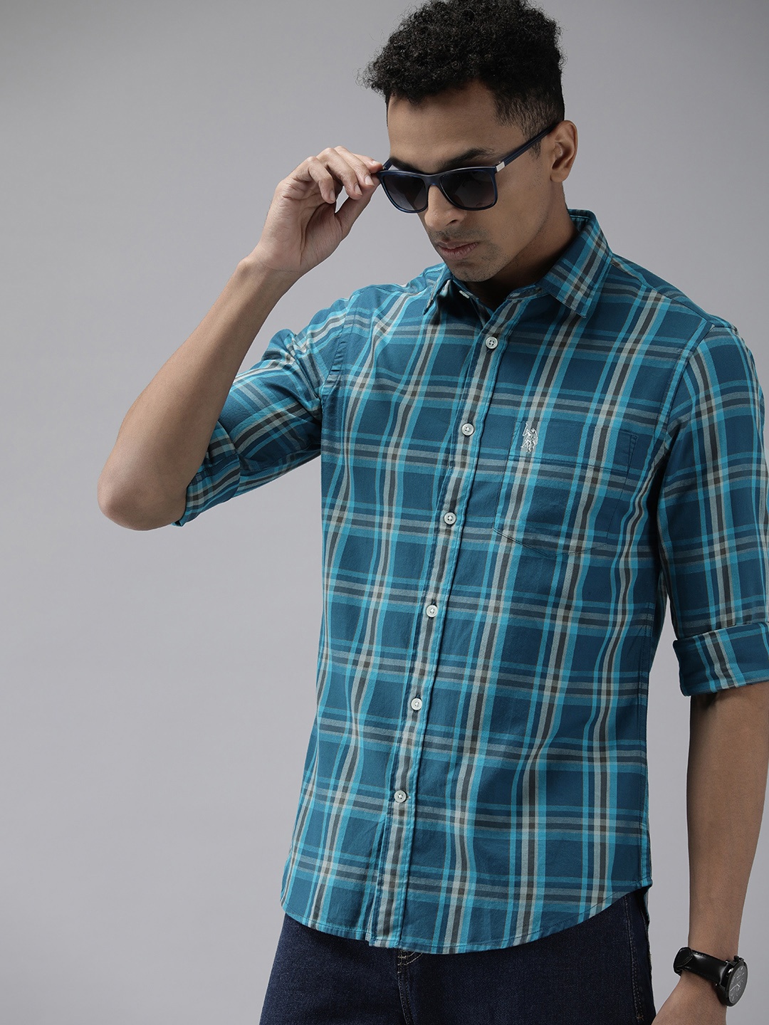 

U.S. Polo Assn. Tailored Fit Checked Pure Cotton Casual Shirt, Blue