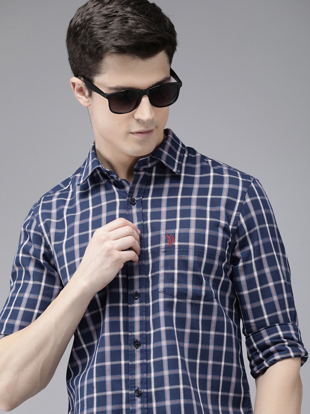 

U.S. Polo Assn. Pure Cotton Tailored Fit Checked Casual Shirt, Navy blue