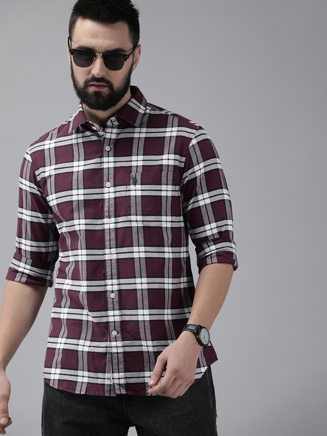 

U.S. Polo Assn. Tailored Fit Tartan Checks Pure Cotton Casual Shirt, Burgundy
