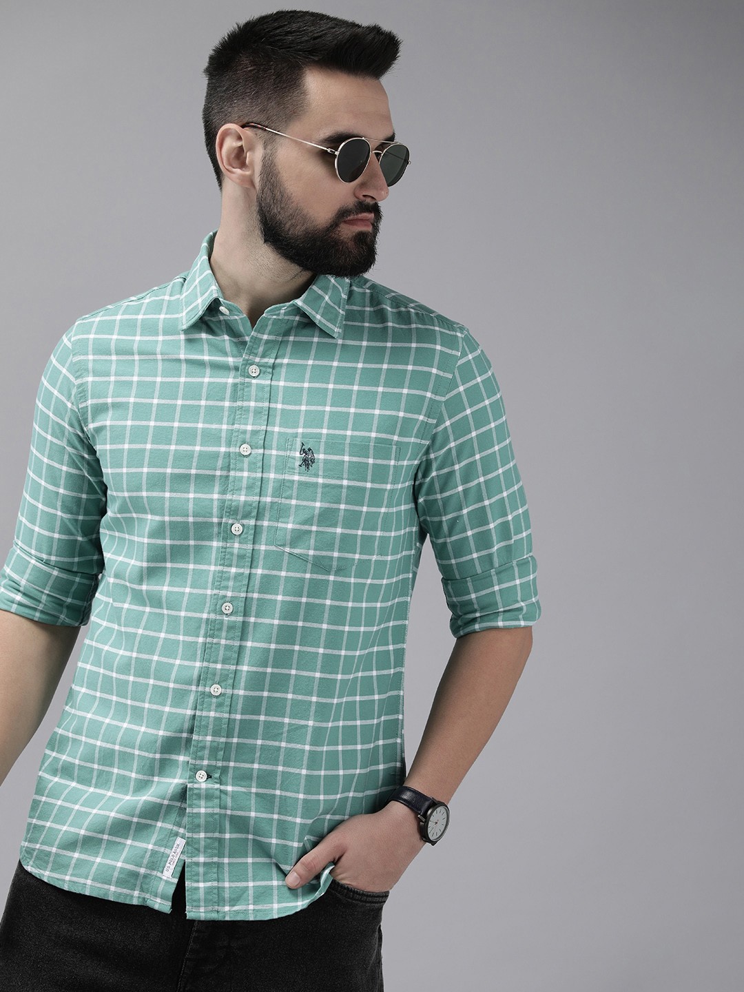 

U.S. Polo Assn. Tailored Fit Checked Pure Cotton Casual Shirt, Sea green