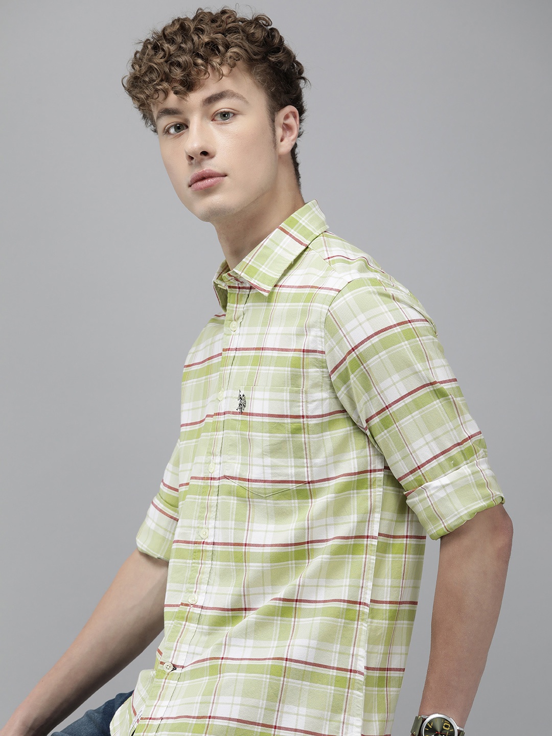 

U.S. Polo Assn. Tailored Fit Checked Pure Cotton Casual Shirt, Green