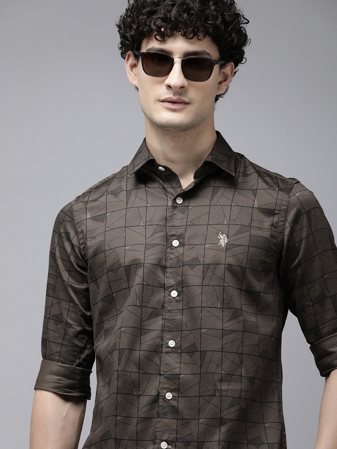

U.S. Polo Assn. Pure Cotton Tailored Fit Geometric Printed Casual Shirt, Brown