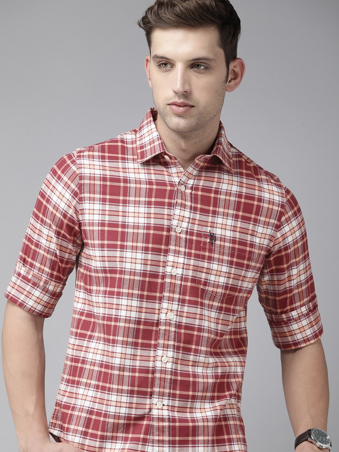 

U.S. Polo Assn. Pure Cotton Tailored Fit Checked Casual Shirt, Maroon